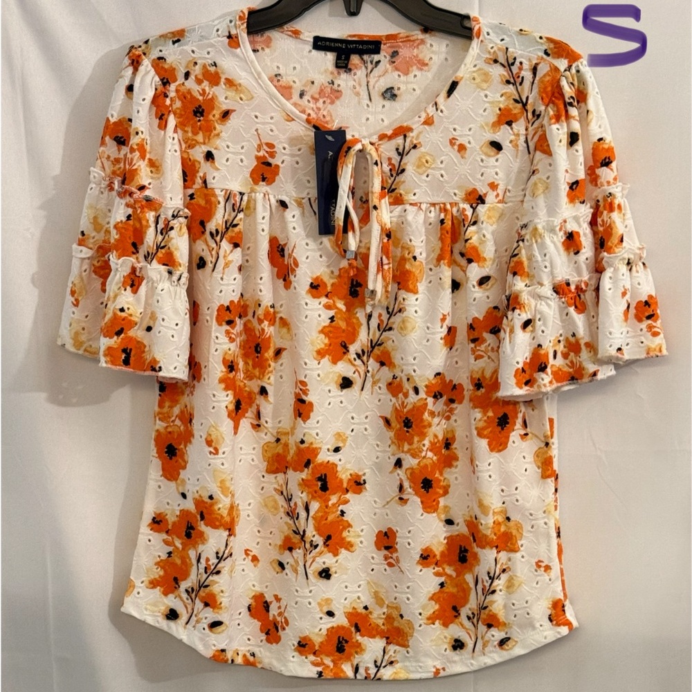 Adrienne Vittadini White Eyelet Blouse with Orange Floral Tie